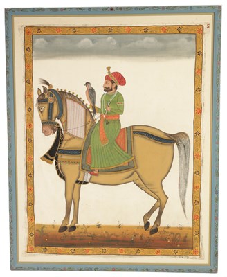 Lot 117 - A 19TH CENTURY INDIAN WARECOLOUR AND INK PAINTING ON SILK OF GURU GOBIND SINGH  ON HORSE BACK