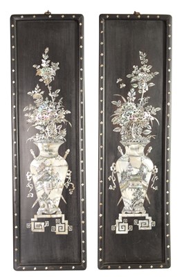 Lot 101 - A PAIR OF LATE 19TH CENTURY CHINESE HARDWOOD ABLONE AND MOTHER-OF-PEARL INLAID WALL PLAQUES