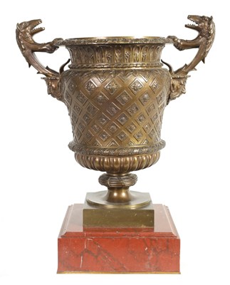 Lot 566 - A LARGE 19TH CENTURY GRAND TOUR BRONZE AND ROUGE MARBLE URN SHAPED VASE