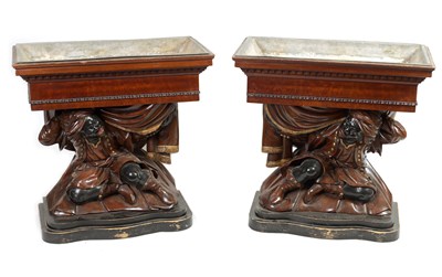 Lot 973 - A FINE PAIR OF 19TH CENTURY ITALIAN BLACKAMOOR FIGURAL JARDINIERES