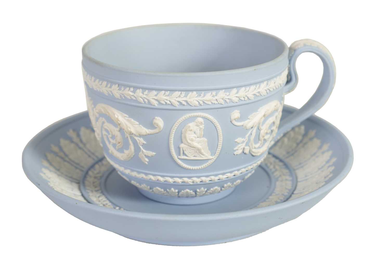 Lot 58 - A LATE 18TH CENTURY WEDGWOOD JASPERWARE CUP AND SAUCER