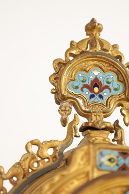 Lot 791 - A LATE 19TH CENTURY FRENCH GILT METAL AND CHAMPLEVE ENAMEL CLOCK GARNITURE