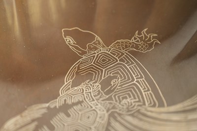 Lot 100 - A JAPANESE MEIJI PERIOD BRONZE AND SILVER INLAID TURTLE DISH