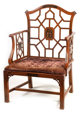 Lot 936 - A FINE 19TH CENTURY PAINTED SATINWOOD 'CHINESE CHIPPENDALE' STYLE COCK PEN ARMCHAIR