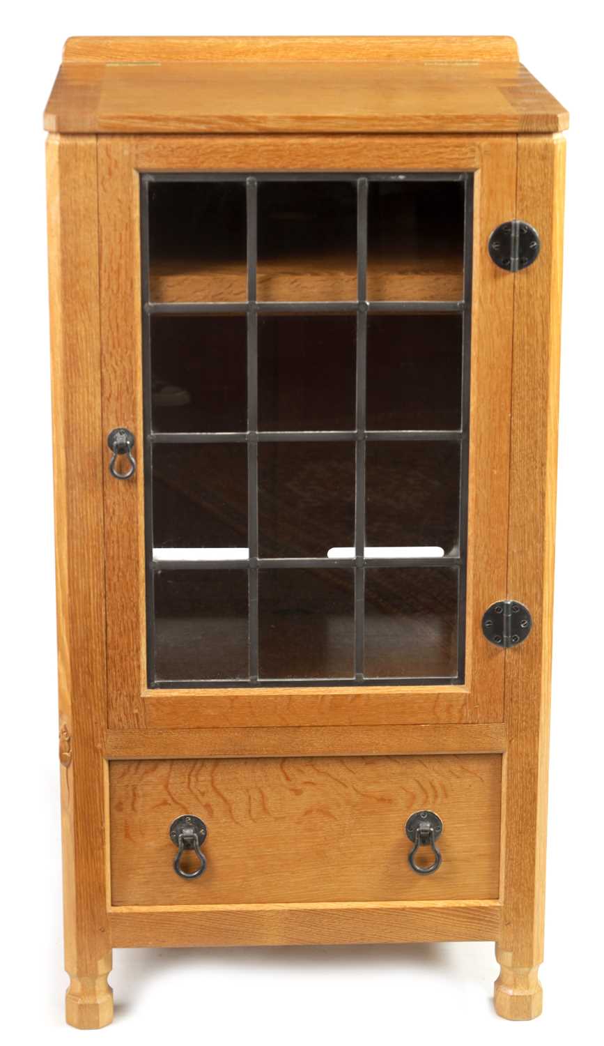 Lot 847 - AN UNUSUAL ROBERT ‘MOUSEMAN’ THOMPSON JOINED ADZED LIGHT OAK  MUSIC CABINET/CENTRE