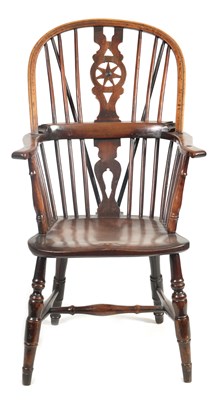 Lot 985 - AN EARLY 19TH CENTURY YEW-WOOD AND ELM HIGH BACK WINDSOR CHAIR