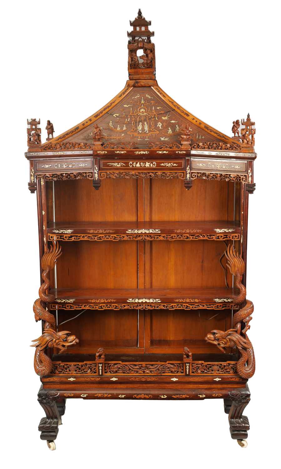 Lot 142 - A FINE 19TH CENTURY CHINESE HARDWOOD BOXWOOD AND IVORY SET OPEN DISPLAY CABINET