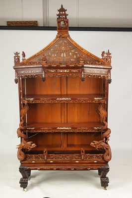 Lot 142 - A FINE 19TH CENTURY CHINESE HARDWOOD BOXWOOD AND IVORY SET OPEN DISPLAY CABINET