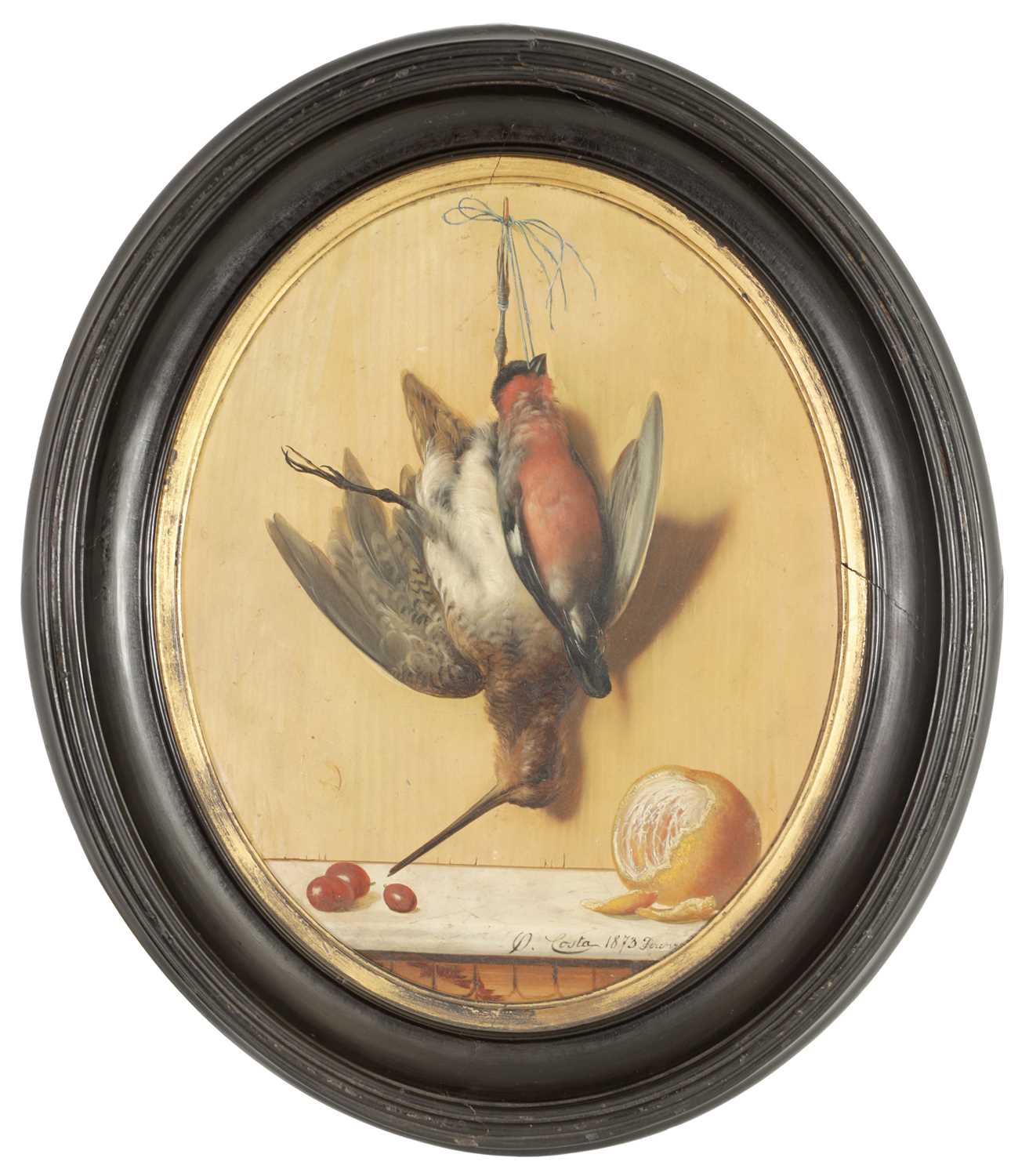 Lot 692 - PIETRO COSTA. A 19TH CENTURY TROMPE-L'ŒIL OIL ON OVAL PANEL STILL LIFE