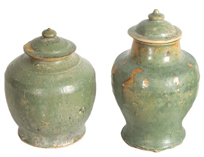 Lot 263 - TWO SUNG PERIOD CHINESE GREEN SLIPWARE VASE AND COVERS