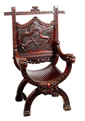 Lot 257 - AN IMPRESSIVE LATE 19TH CENTURY CHINESE HARDWOOD X FRAME THRONE CHAIR