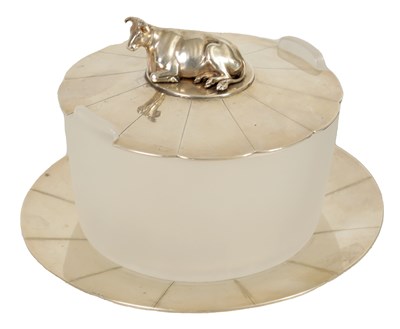 Lot 316 - A WILLIAM IV SILVER AND FROSTED GLASS BUTTER DISH, COVER AND STAND OF LARGE SIZE