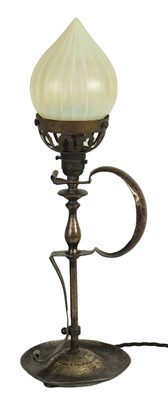 Lot 589 - A PATINATED BRASS ART AND CRAFTS TABLE LAMP WITH VASELINE GLASS SHADE