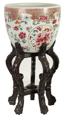 Lot 143 - A GOOD 19TH CENTURY CHINESE FAMILLE ROSE JARDINIERE ON CARVED HARDWOOD STAND