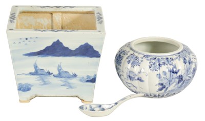 Lot 148 - A 19th CENTURY CHINESE BLUE AND WHITE SQAURE TAPERING JARDINIERE