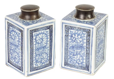 Lot 160 - A PAIR OF 19TH CENTURY CHINESE BLUE AND WHITE SQUARE TEA CADDIES WITH METAL COVERS