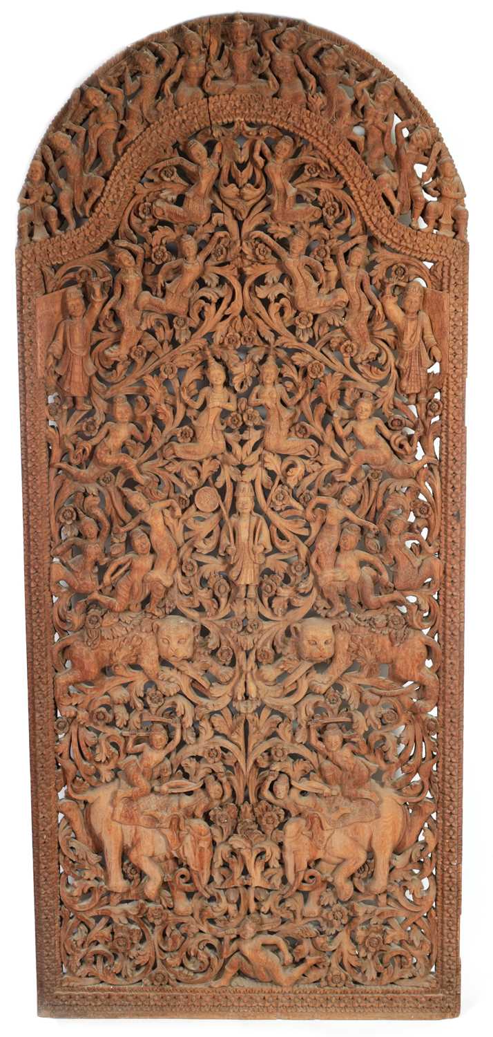 Lot 213 - A 19TH CENTURY TIBETAN CARVED HARDWOOD CARVED PANEL / DOOR