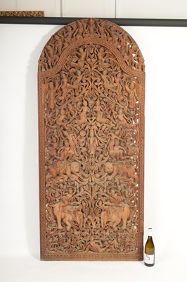 Lot 213 - A 19TH CENTURY TIBETAN CARVED HARDWOOD CARVED PANEL / DOOR