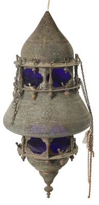 Lot 190 - A 19TH CENTURY EASTERN PIERCED BRASS HANGING LANTERN