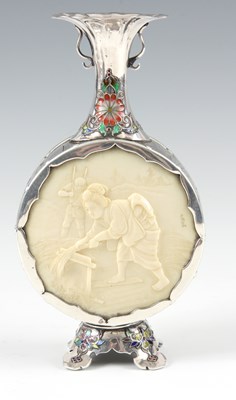 Lot 117 - A MEIJI PERIOD SILVER AND ENAMEL MOON SHAPED...