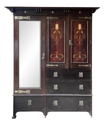 Lot 1076 - AN ART NOVEAU INLAID MAHOGANY WARDROBE