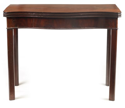 Lot 1050 - A GEORGE III FLAME MAHOGANY SERPENTINE SHAPED CARD TABLE