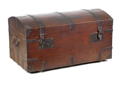 Lot 879 - A 19TH CENTURY WALNUT AND IRON BOUND DOME TOP OFFICERS TRUNK