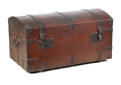 Lot 1448 - A 19TH CENTURY WALNUT AND IRON BOUND DOME TOP OFFICERS TRUNK