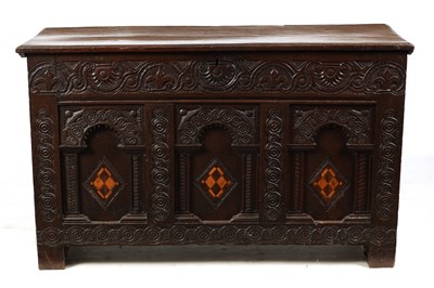 Lot 1045 - A 17TH CENTURY CARVED OAK LEEDS AREA YORKSHIRE COFFER