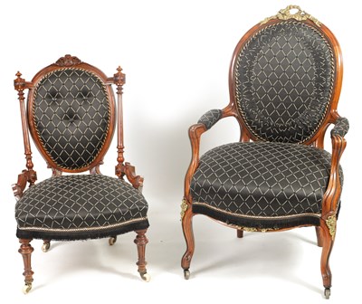Lot 205 - TWO 19TH CENTURY WALNUT AND BRASS MOUNTED UPHOLSTERED BEDROOM CHAIRS