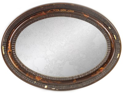 Lot 1506 - A 19TH CENTURY CHINOISERIE DECORATED OVAL LACQUERED HANGING MIRROR