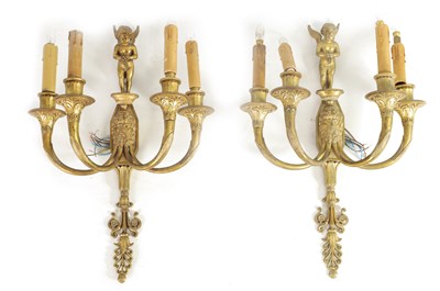 Lot 680 - A PAIR OF 19TH CENTURY STYLE FRENCH FOUR BRANCH CAST BRASS WALL LIGHTS