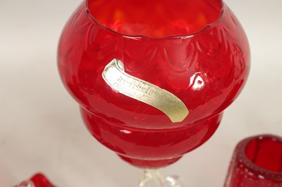 Lot 4 - A GROUP OF VENETIAN RUBY AND CLEAR GLASS VASES AND A SWIMMING SWAN DISH