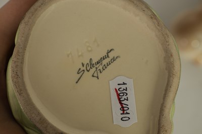 Lot 75 - FIVE 19TH CENTURY WEDGWOOD GREEN LEAF MOULDED PLATES, A SIMALR LARGE TWO HANDLED FOOTED TAZZA, A ST CLEMENT FRANCE PARROT JUG AND A POTTERY BAMBI FIGURE