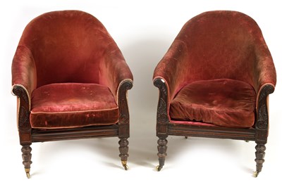 Lot 909 - A GOOD PAIR OF LATE REGENCY MAHOGANY UPHOLSTERED  LIBRARY CHAIRS