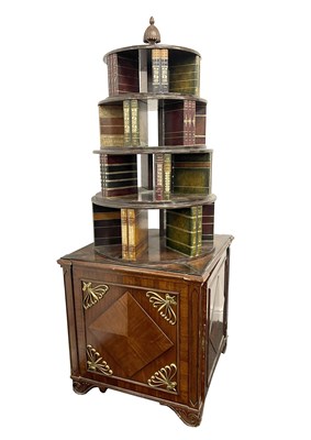 Lot 899 - AN UNUSUAL REPRODUCTION REGENCY STYLE BRASS MOUNTED FIGURED MAHOGANY OPEN TOP BOOKCASE