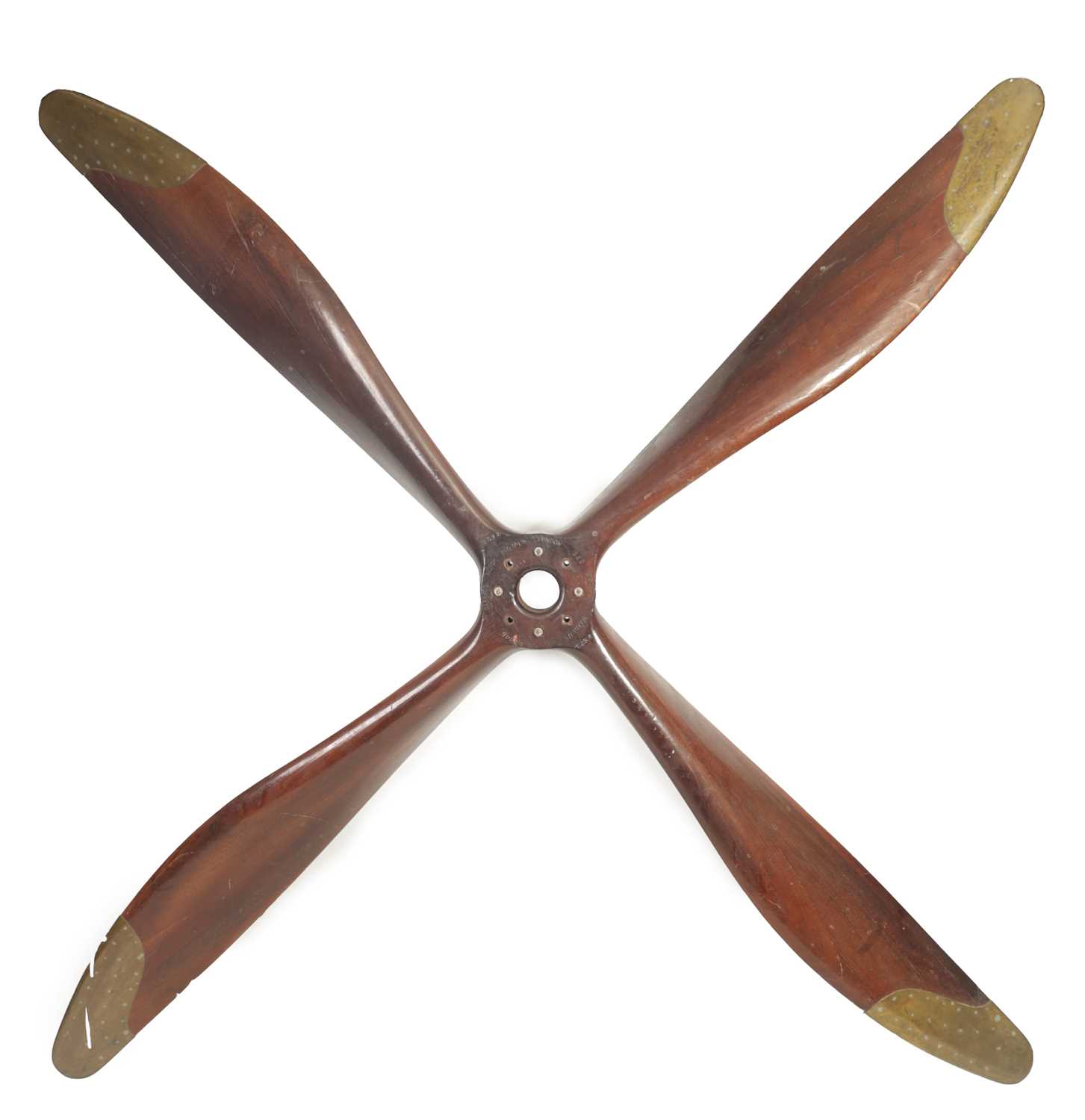 Lot 498 - A RARE MAHOGANY BRASS TIPPED FOUR BLADE PROPELLER FROM A 1915 WW1 FE8 AIRCRAFT
