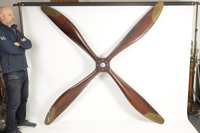 Lot 498 - A RARE MAHOGANY BRASS TIPPED FOUR BLADE PROPELLER FROM A 1915 WW1 FE8 AIRCRAFT