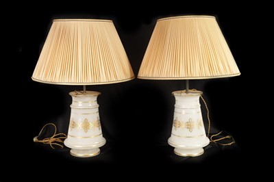 Lot 573 - A PAIR OF 19TH CENTURY FRENCH OPALINE GLASS VASE LAMPS