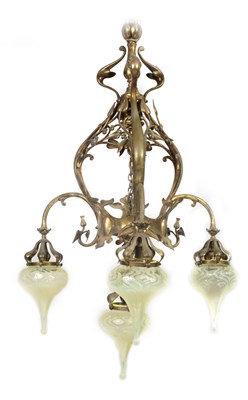 Lot 551 - AN ART NOUVEAU BRASS BENSON STYLE FOUR SHADE CEILING LIGHT