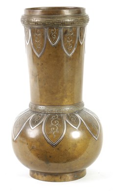 Lot 206 - A 19TH CENTURY JAPANESE SILVER MOUNTED GREEN PATINATED BRONZE SLENDER NECKED VASE