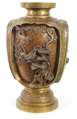 Lot 137 - A JAPANESE MEIJI PERIOD BRONZE AND GILT BRONZE RELIEF MOULDED VASE