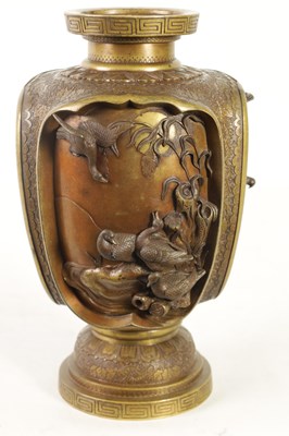 Lot 137 - A JAPANESE MEIJI PERIOD BRONZE AND GILT BRONZE RELIEF MOULDED VASE