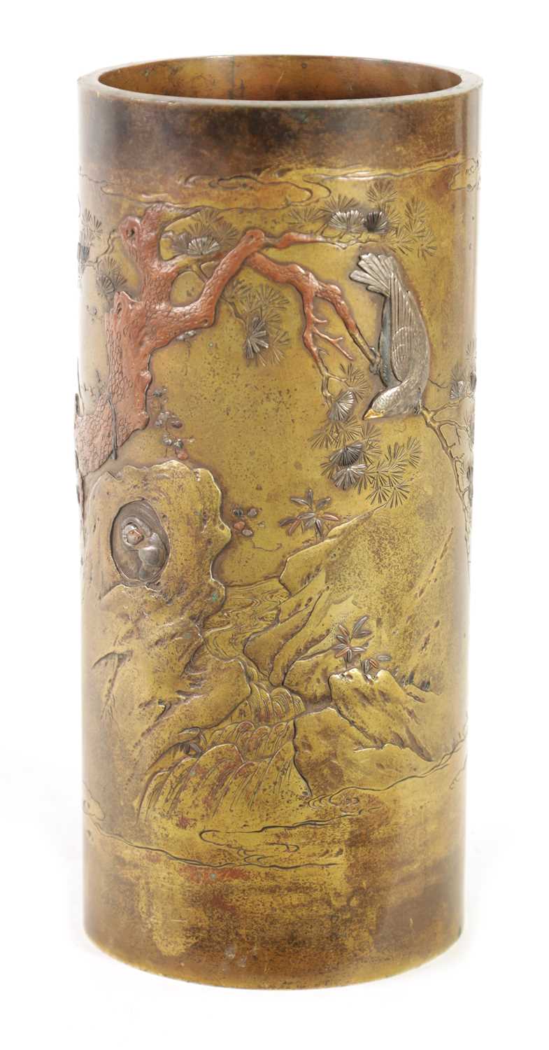 Lot 99 - A JAPANESE CYLINDRICAL MEIJI PERIOD BRONZE AND MIXED METAL INLAID VASE