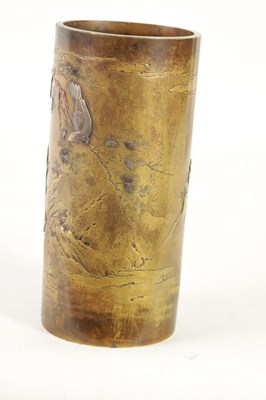 Lot 99 - A JAPANESE CYLINDRICAL MEIJI PERIOD BRONZE AND MIXED METAL INLAID VASE