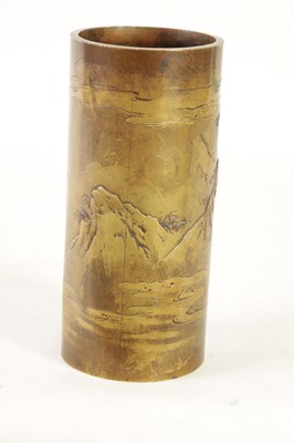 Lot 99 - A JAPANESE CYLINDRICAL MEIJI PERIOD BRONZE AND MIXED METAL INLAID VASE