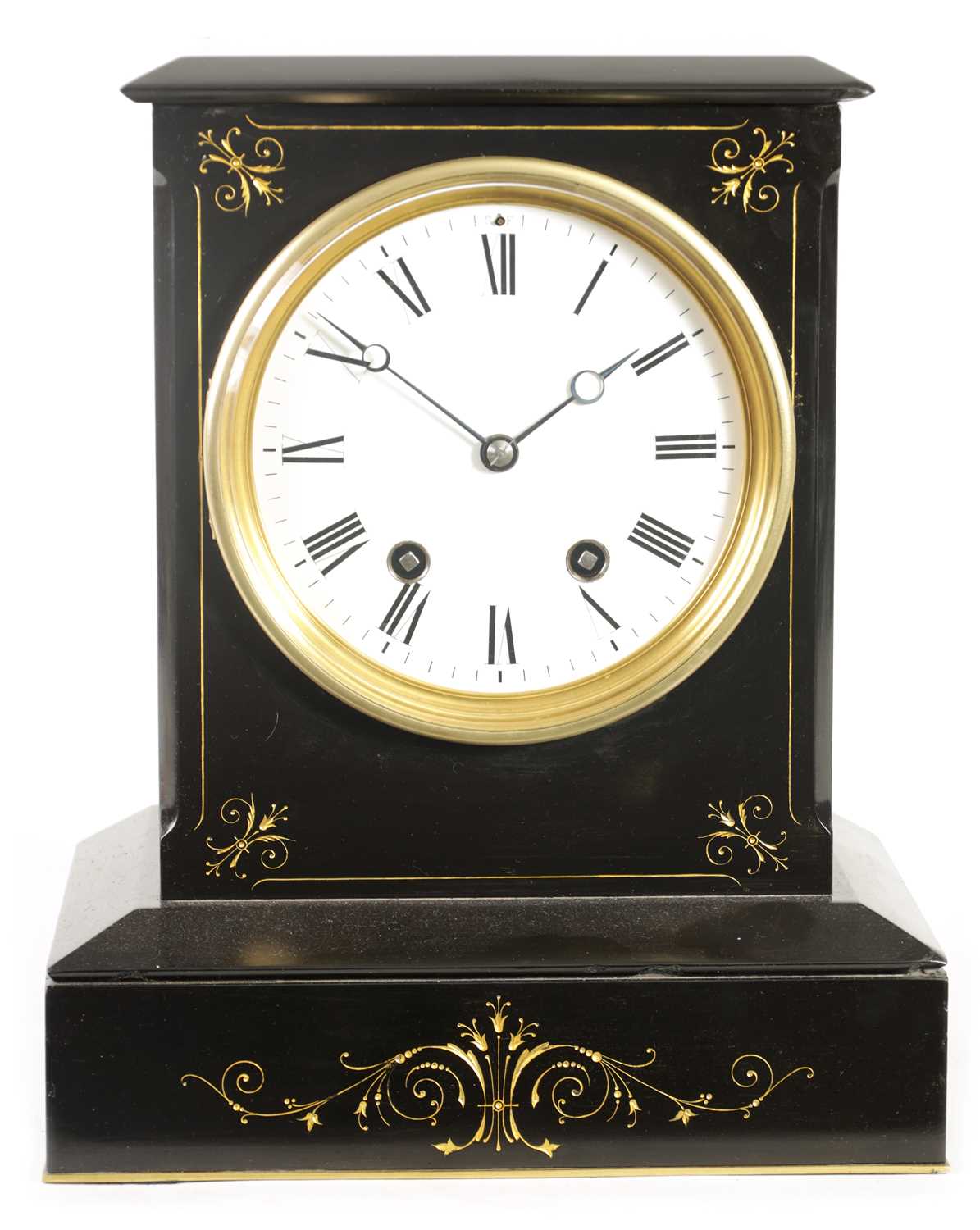 Lot 728 - A LATE 19TH CENTURY QUARTER CHIMING BLACK SLATE MARBLE MANTEL CLOCK