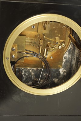 Lot 728 - A LATE 19TH CENTURY QUARTER CHIMING BLACK SLATE MARBLE MANTEL CLOCK