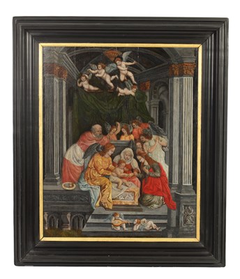 Lot 696 - A 17TH CENTURY STYLE OIL ON BOARD FLEMISH SCHOOL DEPICTING THE HOLY FAMILY