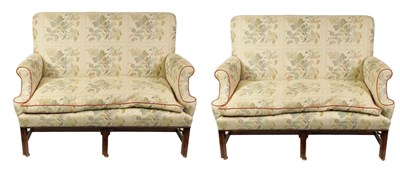 Lot 929 - A PAIR GEORGE II STYLE TWO SEATER UPHOLSTERED MAHOGANY SETTEES